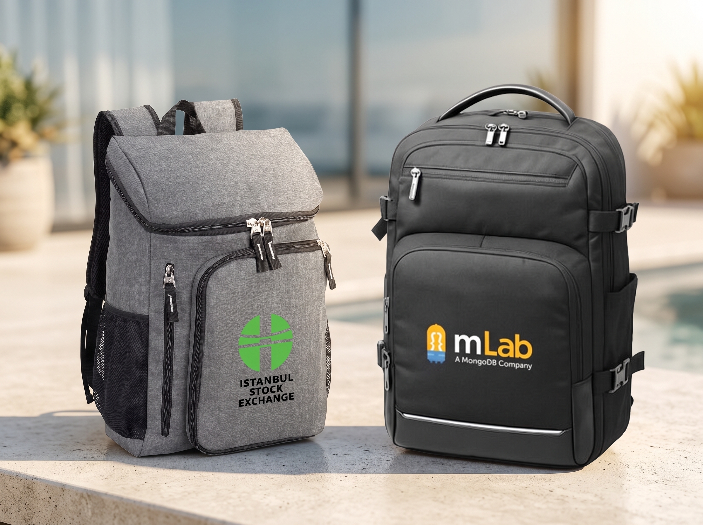 Gray custom-branded laptop backpack with front zippered pocket and mesh side pocket, imprinted with a sample company logo