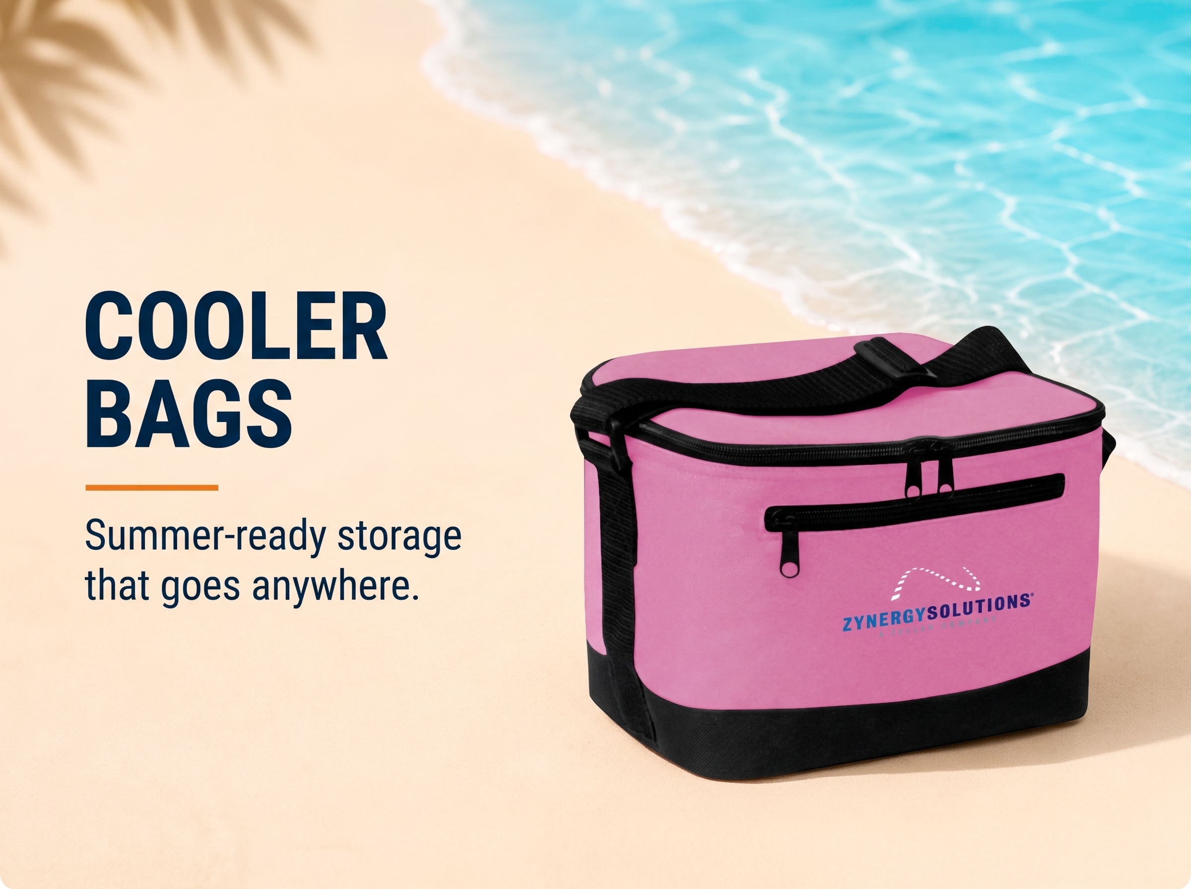 Pink insulated cooler bag with padded carry handles and a sample company logo printed on the front pocket