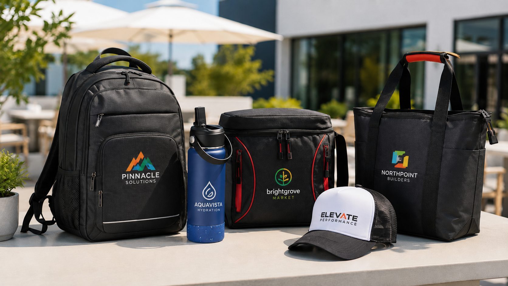 Branded backpack, insulated water bottle, cooler bag, trucker cap, and tote bag, each imprinted with a different sample company logo, displayed together on an outdoor patio table